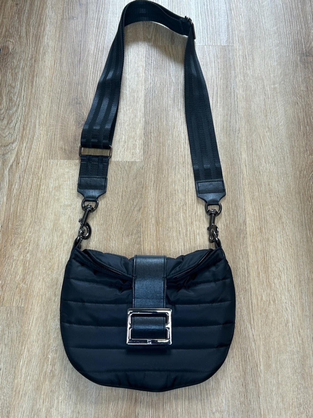 Think Royln Black Quilted Crossbody Shoulder Bag with Silver Buckle